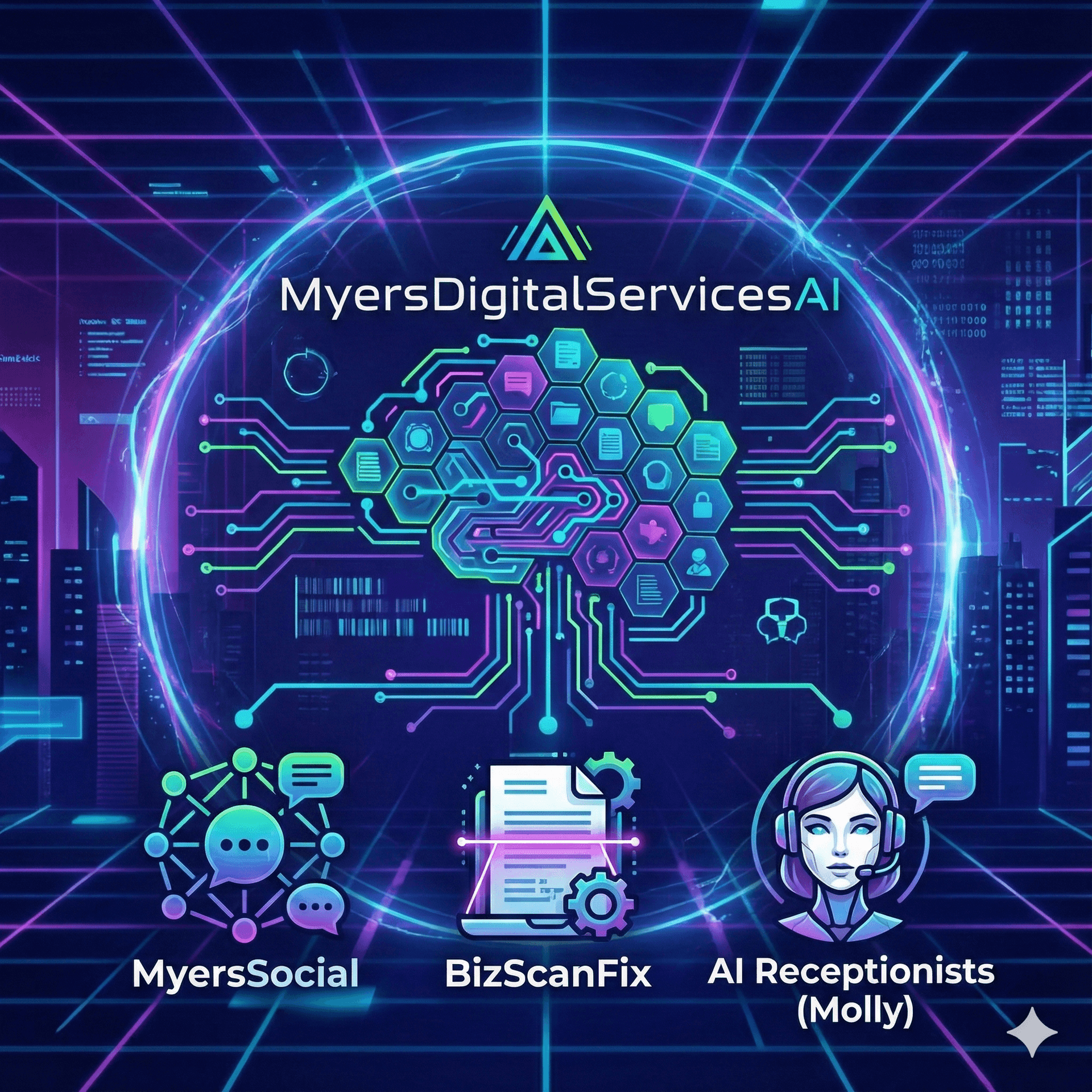A futuristic cyberpunk infographic for "MyersDigitalServicesAI" features a neon circuit brain made of glowing blue, purple, and green hexagonal panels. Below the brain are three distinct icons with corresponding labels: on the left, "MyersSocial" with a network of speech bubbles; in the center, "BizScanFix" with a document and gear being scanned; and on the right, "AI Receptionists (Molly)" with a female AI avatar wearing a headset. The background is a glowing digital cityscape with grid lines and code.