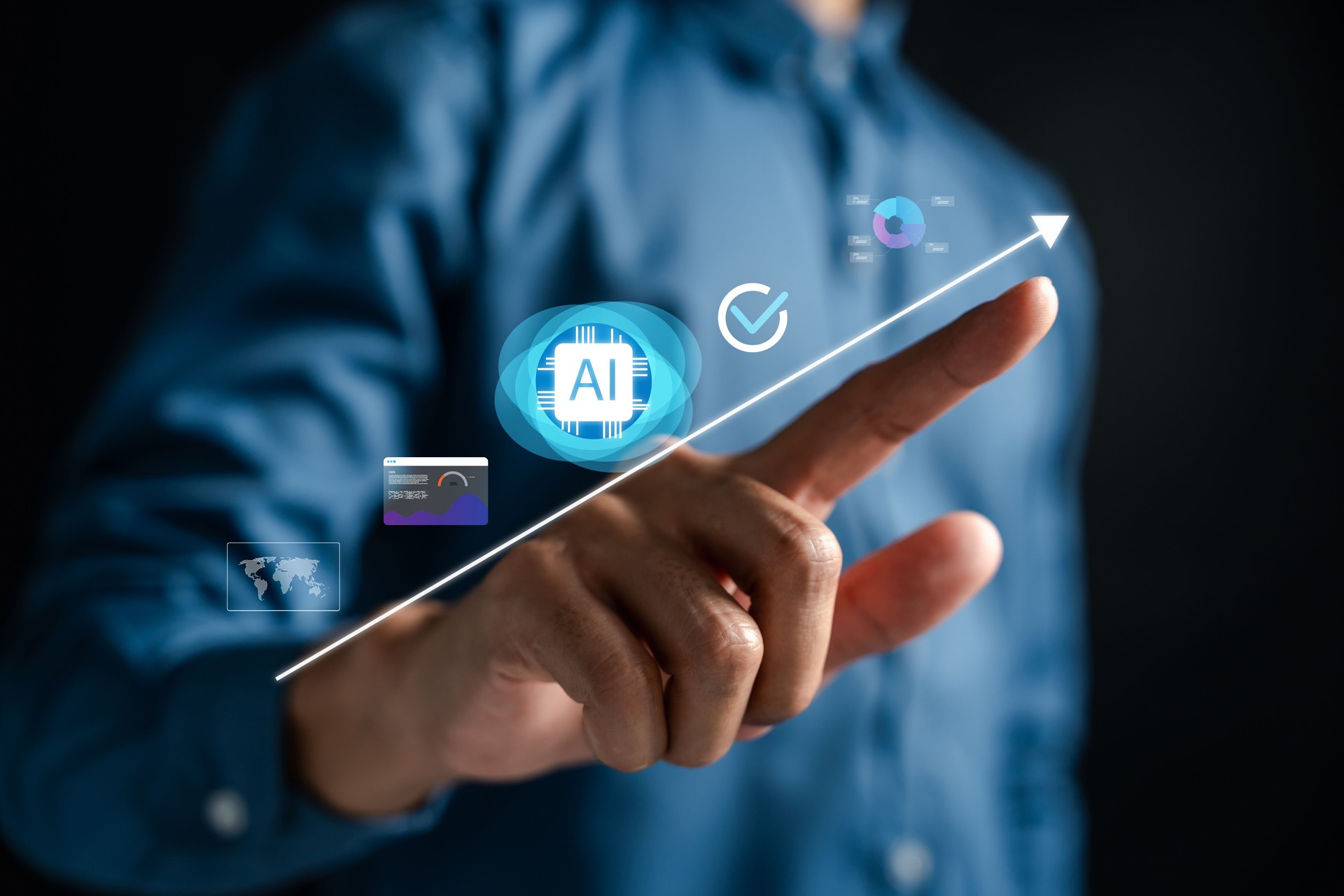 Artificial intelligence symbol with upward growth trend line and futuristic interface.